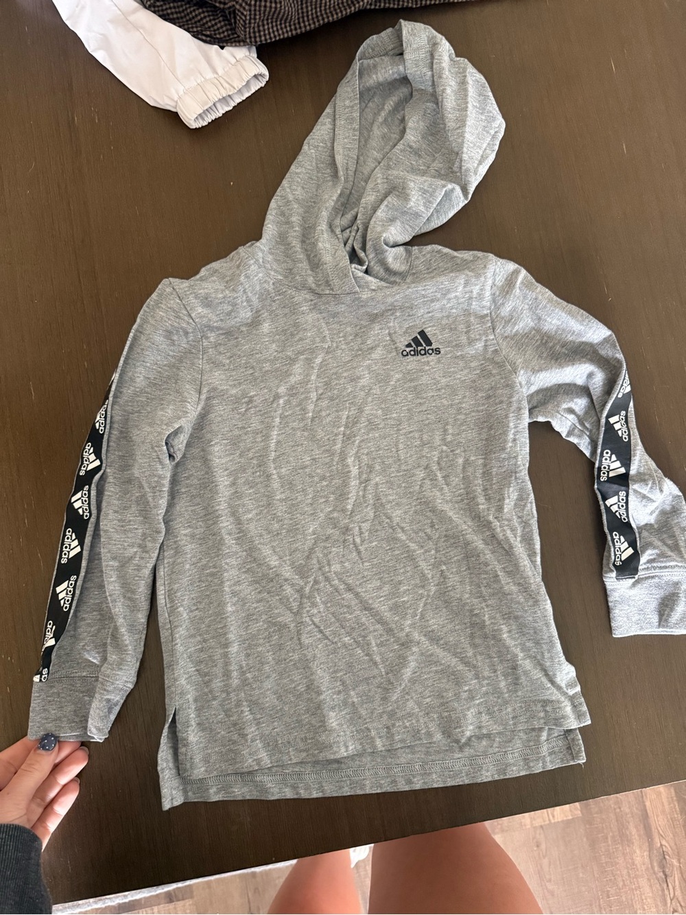 adidas Grey Kids Hooded Sweatshirt with Logo Sleeve Tape